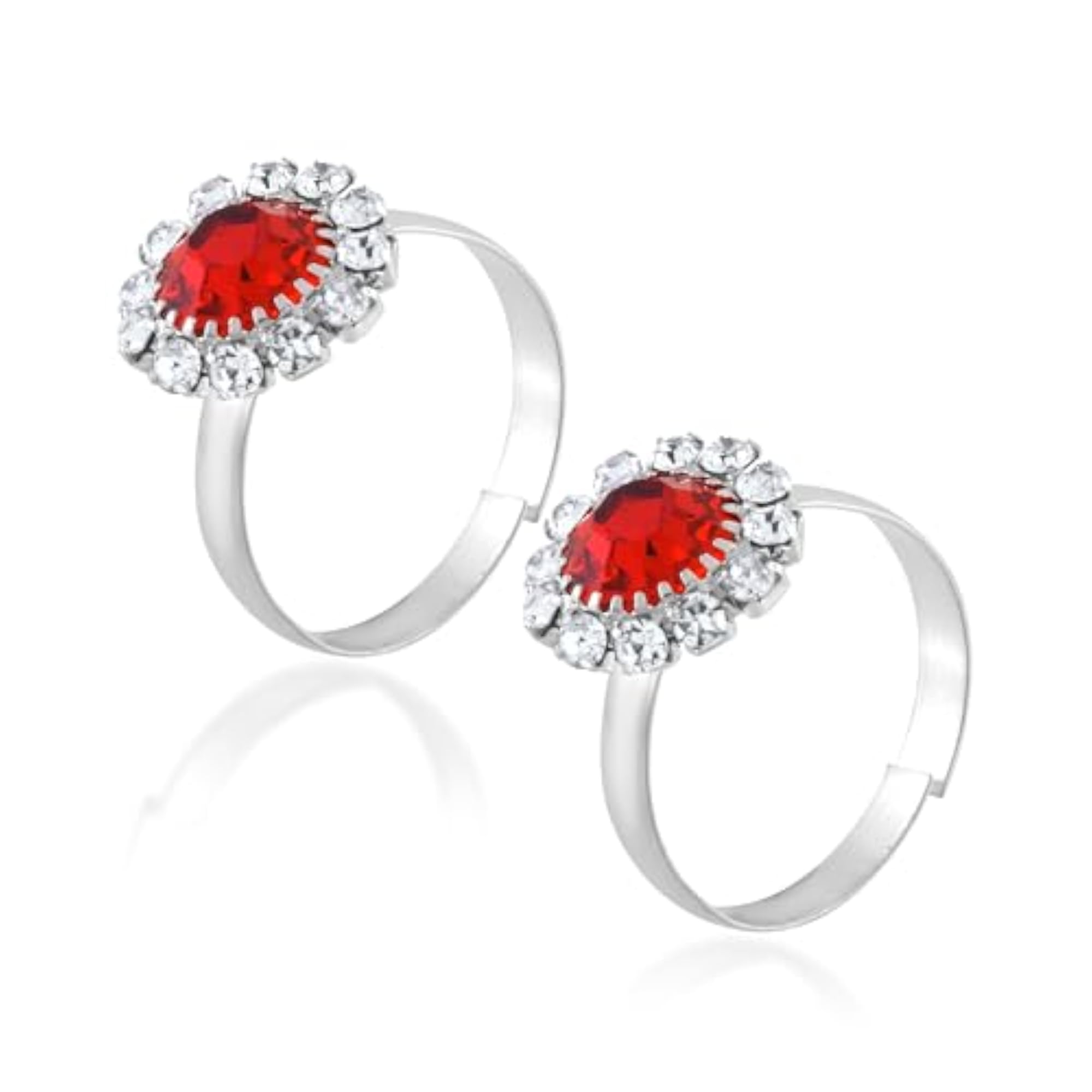 Women's Silver Plated Brass Red CZ Toe Rings, Traditional Design